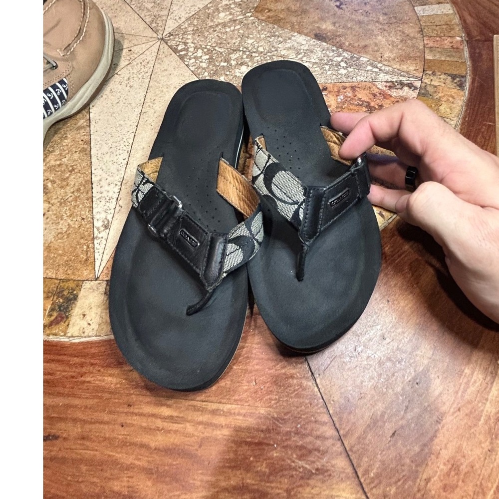 Coach Signature C Jacquard Thong Sandals Black Grey Leather Trim Flip Flops